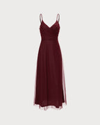 Wine Red V-Neck Mesh Maxi Dress with Wrap Detail