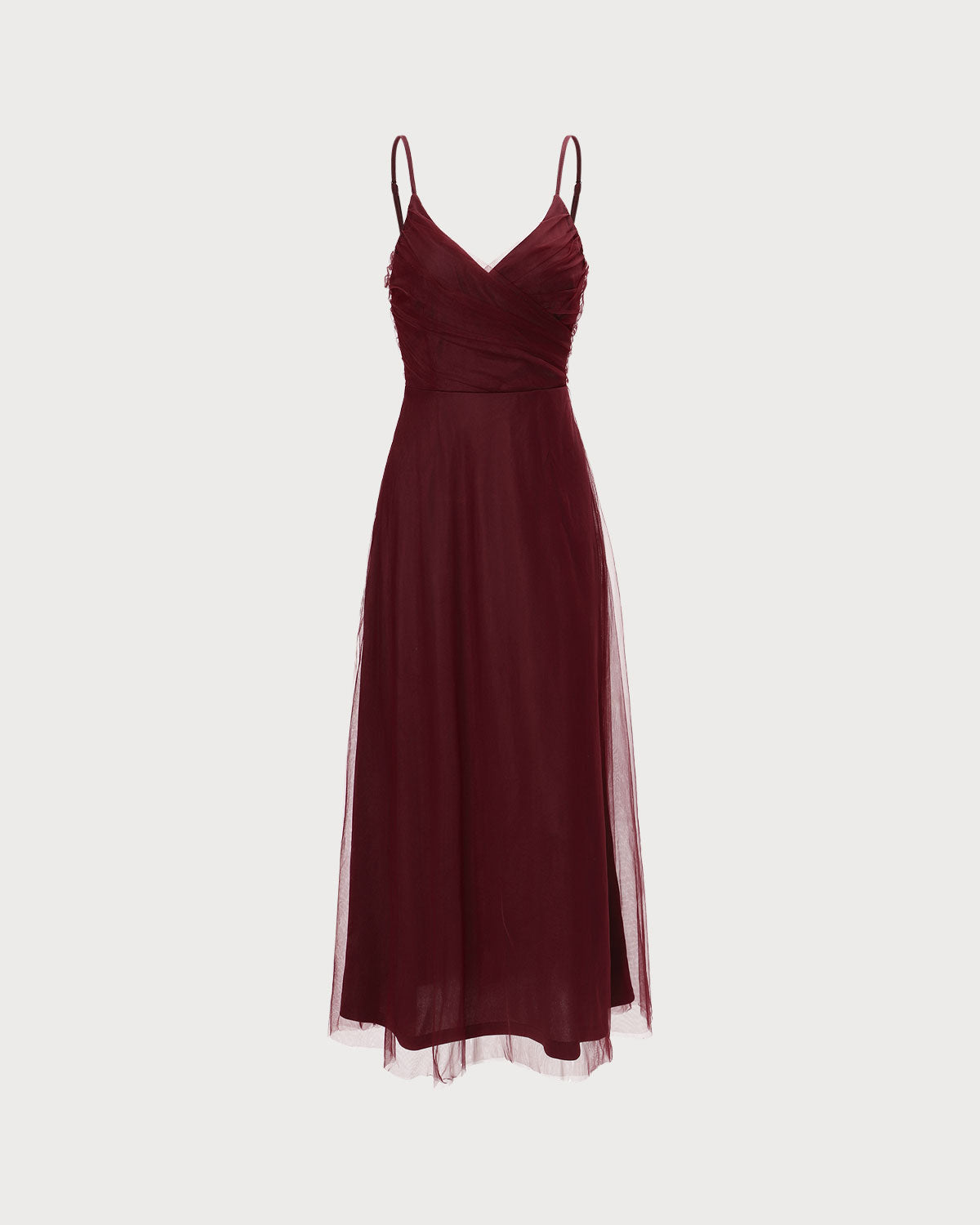 Wine Red V-Neck Mesh Maxi Dress with Wrap Detail