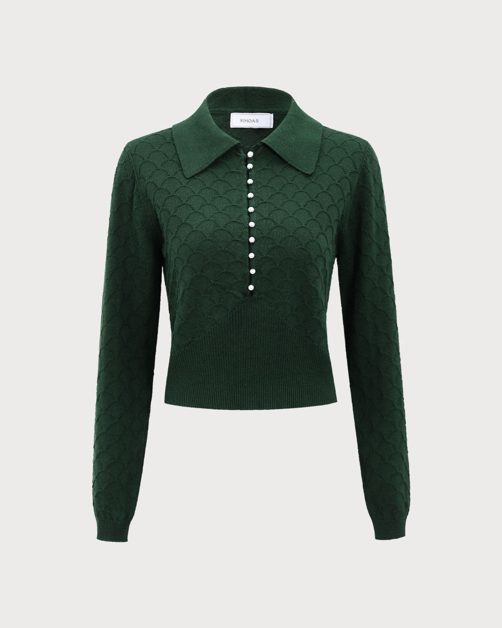 Dark Green Ribbed Knit Top with Lapel Detail