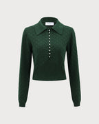 Dark Green Ribbed Knit Top with Lapel Detail