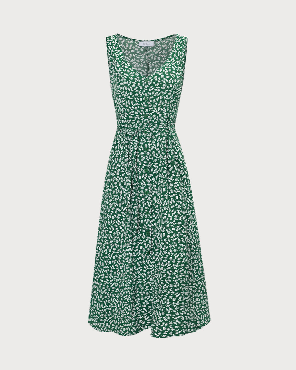 Floral Button Midi Dress in Green with V-Neck