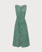 Floral Button Midi Dress in Green with V-Neck