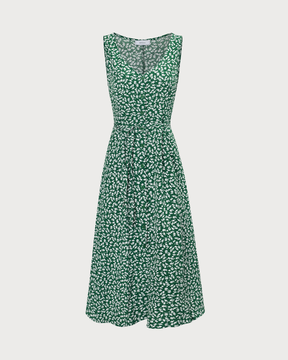 Floral Button Midi Dress in Green with V-Neck