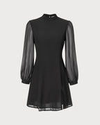 Black Sheer Mini Dress with Stand Collar and Slit Detail