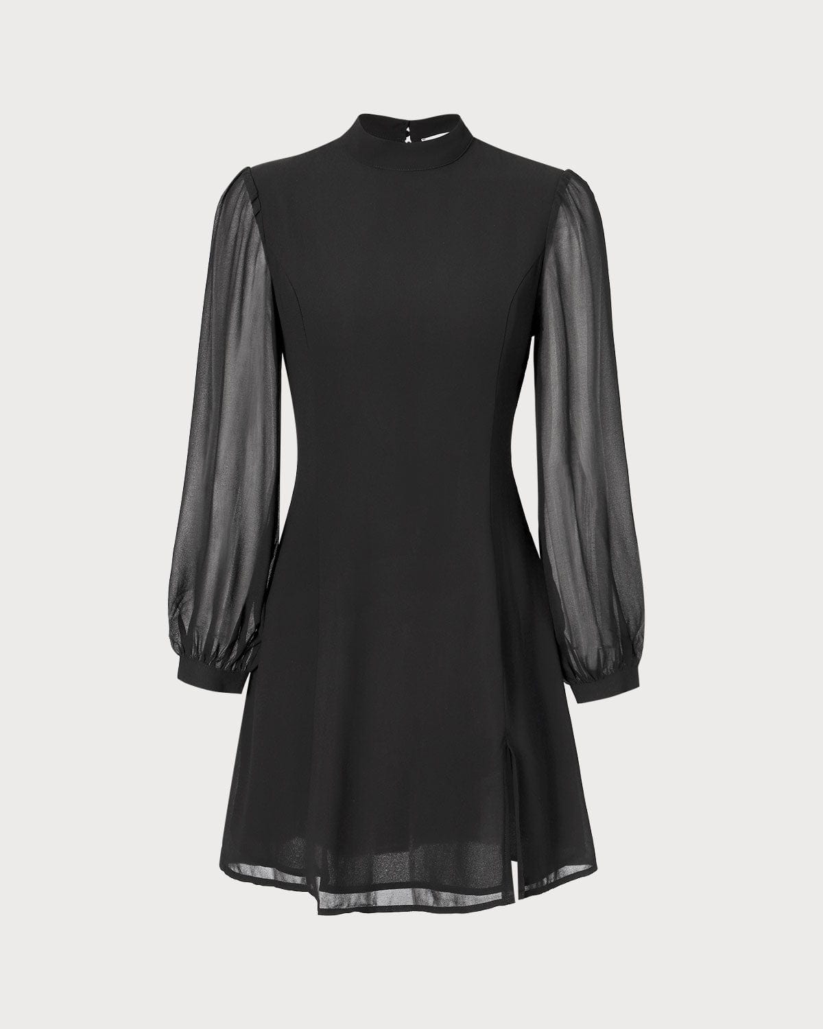 Black Sheer Mini Dress with Stand Collar and Slit Detail