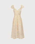 Floral Slit Midi Dress in Vibrant Yellow with V-Neck