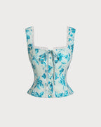 Floral Print Square Neck Tank Top in Blue