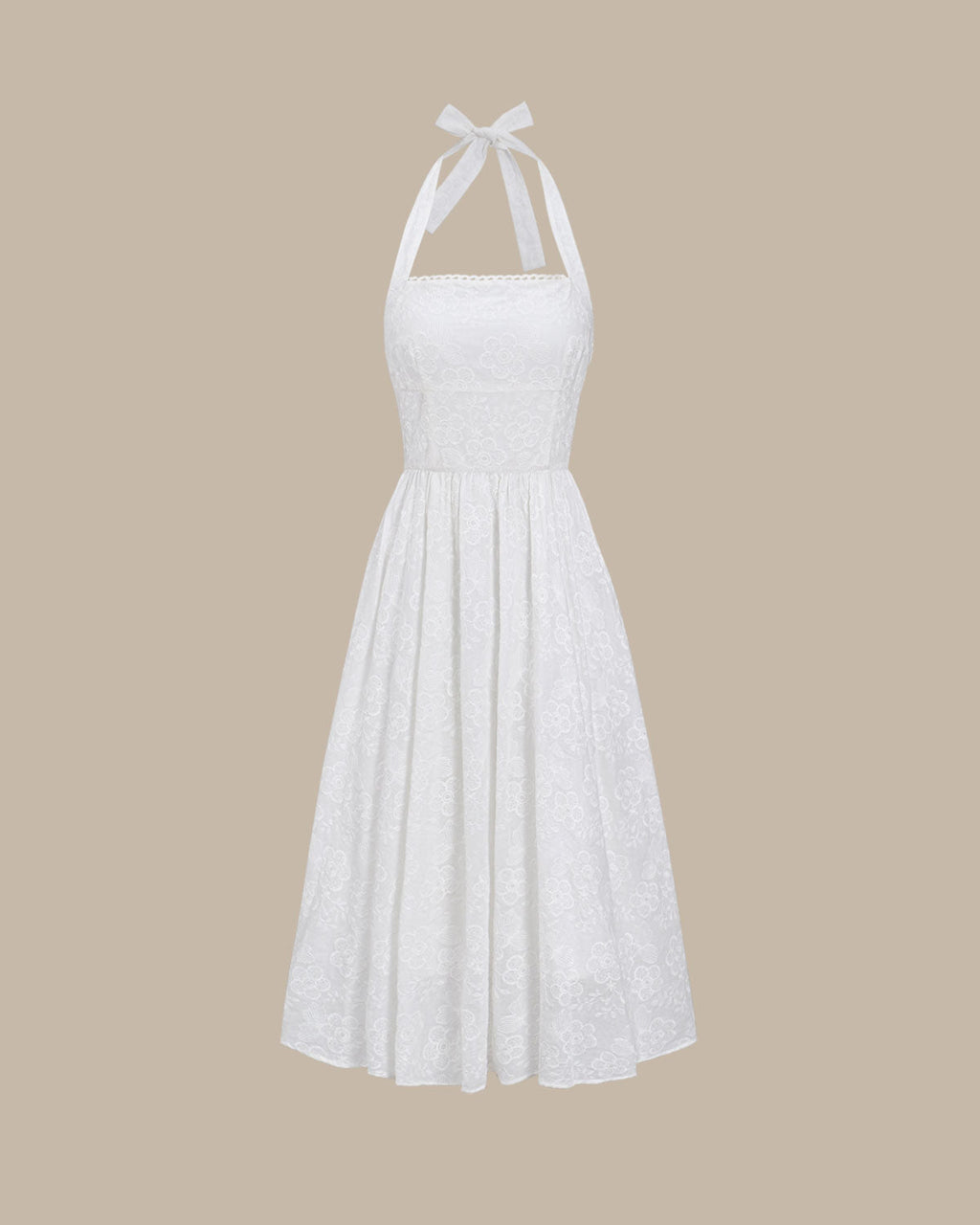 Embroidered White Halter Midi Dress