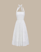Embroidered White Halter Midi Dress