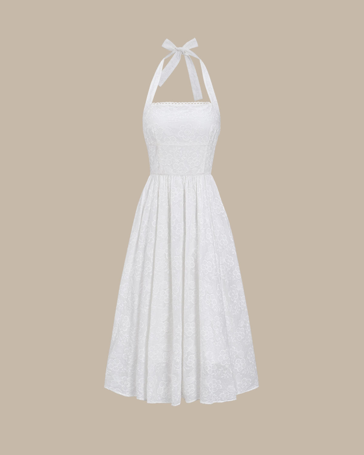Embroidered White Halter Midi Dress