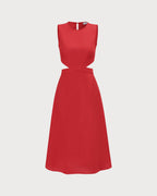 Red Cut-Out Midi Dress with Round Neck