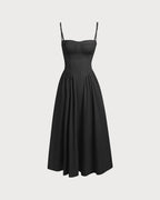 Black Midi Dress with Square Neck and Pocket Details