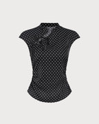 Mandarin Collar Tee with Black Polka Dots