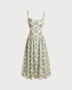 Pleated Midi Dress with Sweetheart Neckline in Green Floral Print