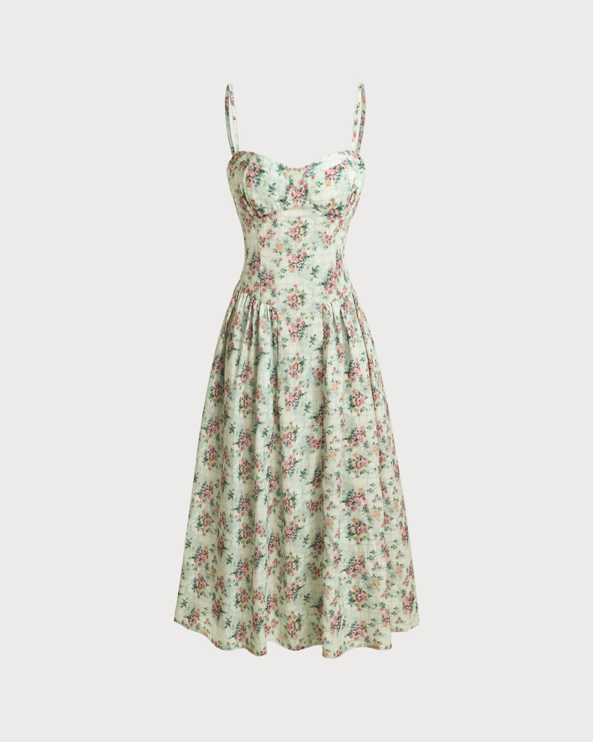 Pleated Midi Dress with Sweetheart Neckline in Green Floral Print