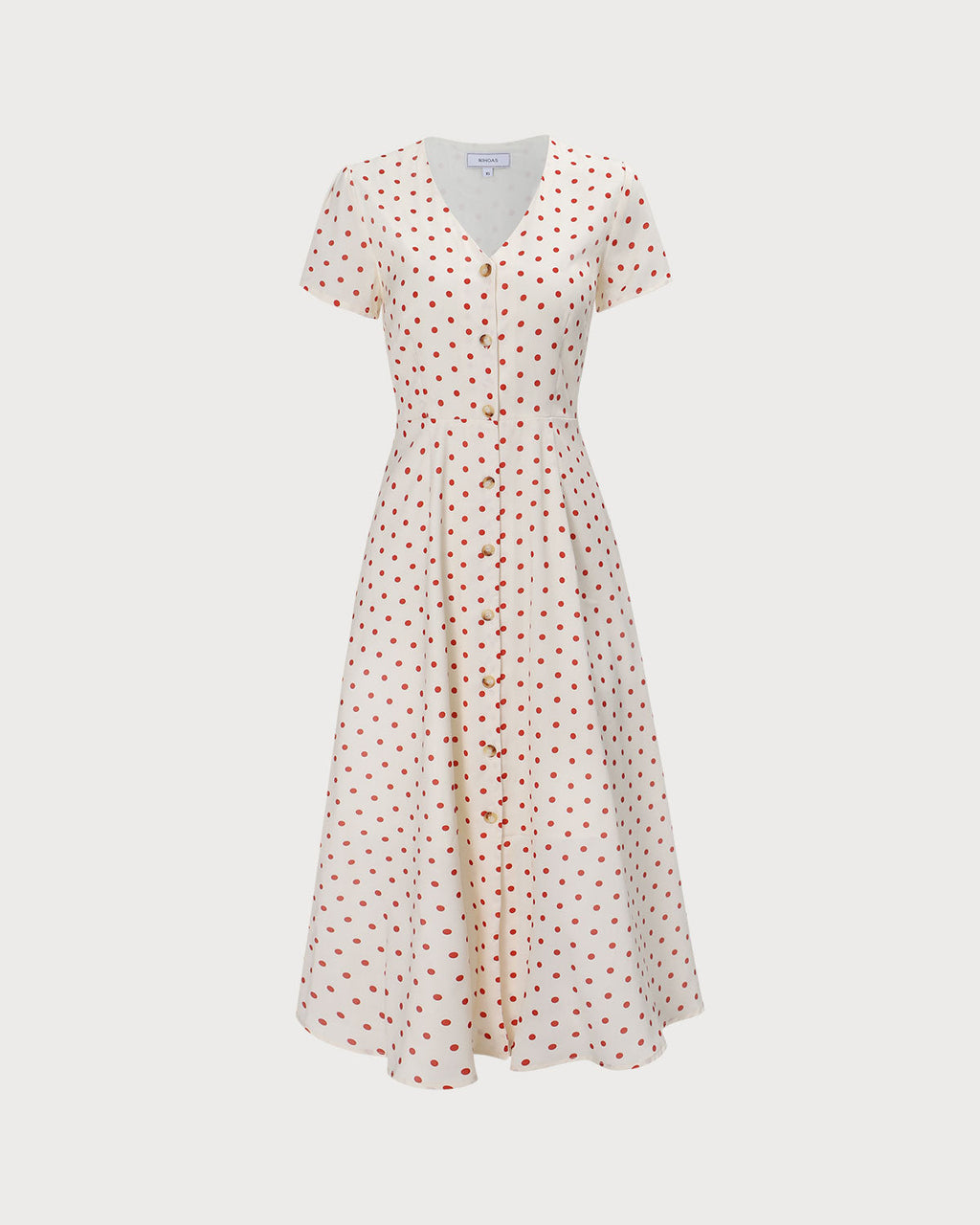 Beige Polka Dot Midi Dress with V-Neck and Button Details