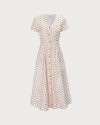Beige Polka Dot Midi Dress with V-Neck and Button Details