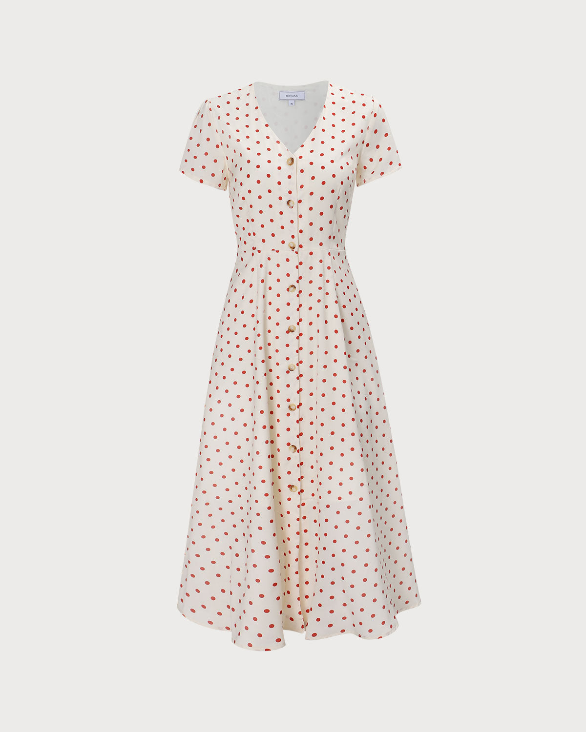 Beige Polka Dot Midi Dress with V-Neck and Button Details