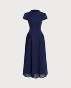 Blue Midi Dress with Puffed Sleeves
