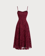 Wine Red Sweetheart Neck Jacquard Midi Slip Dress