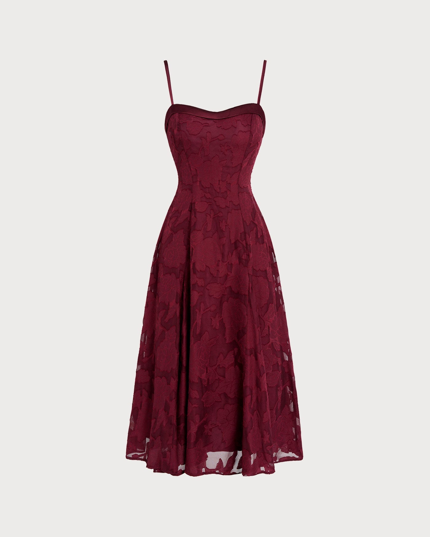 Wine Red Sweetheart Neck Jacquard Midi Slip Dress
