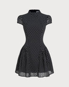 Chic Black Chiffon Mini Dress with Polka Dots