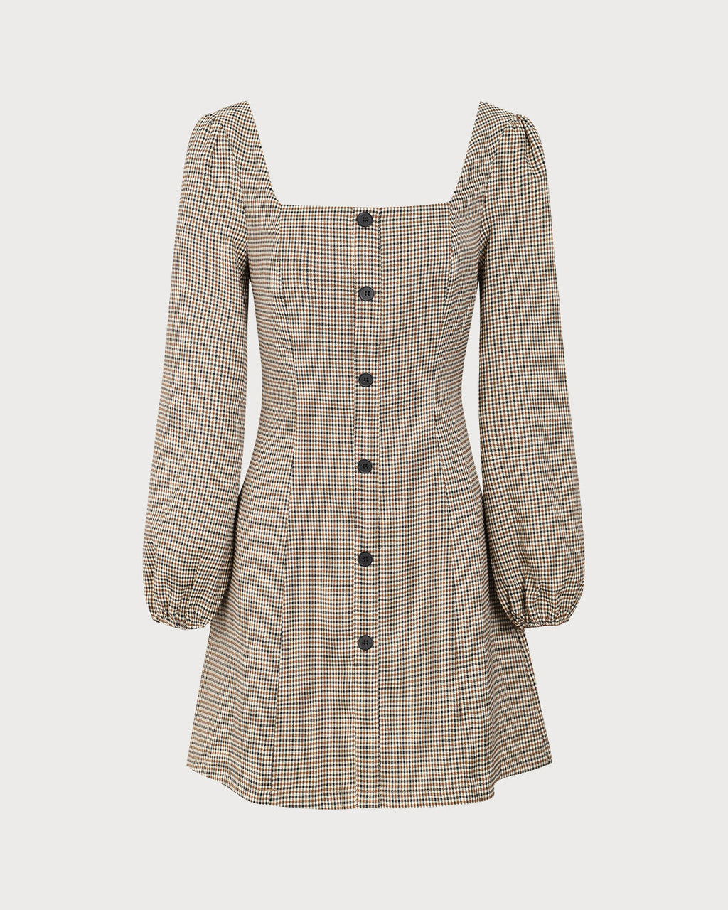 Khaki Plaid Button-Up Mini Dress with Square Neck