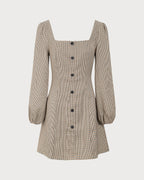 Khaki Plaid Button-Up Mini Dress with Square Neck