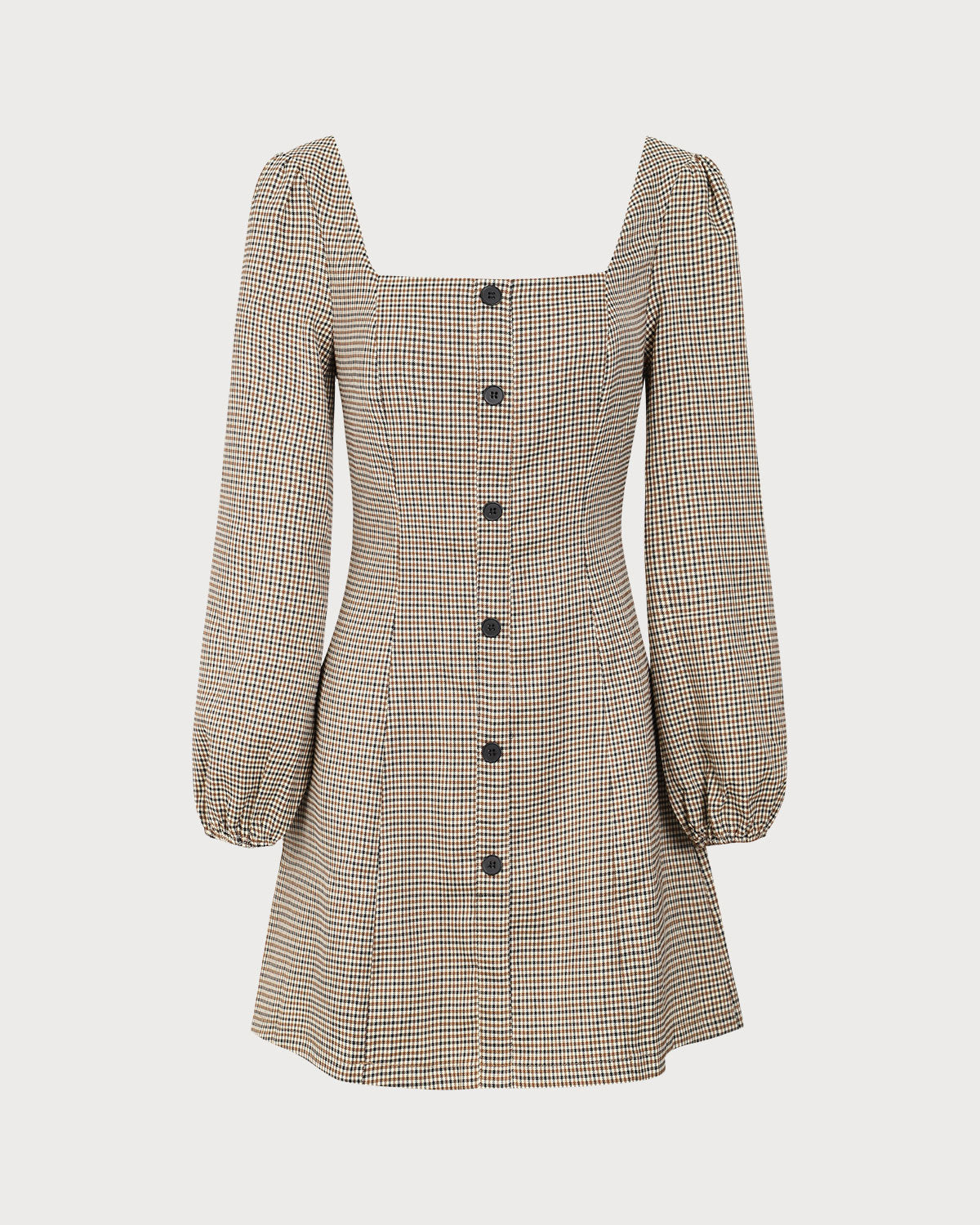 Khaki Plaid Button-Up Mini Dress with Square Neck