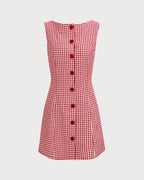 Red Plaid Mini Dress with Boat Neck