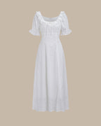 Maxi Dress with White Embroidery and Puffed Sleeves