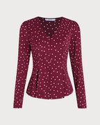 V-Neck Blouse in Wine Red with Polka Dots