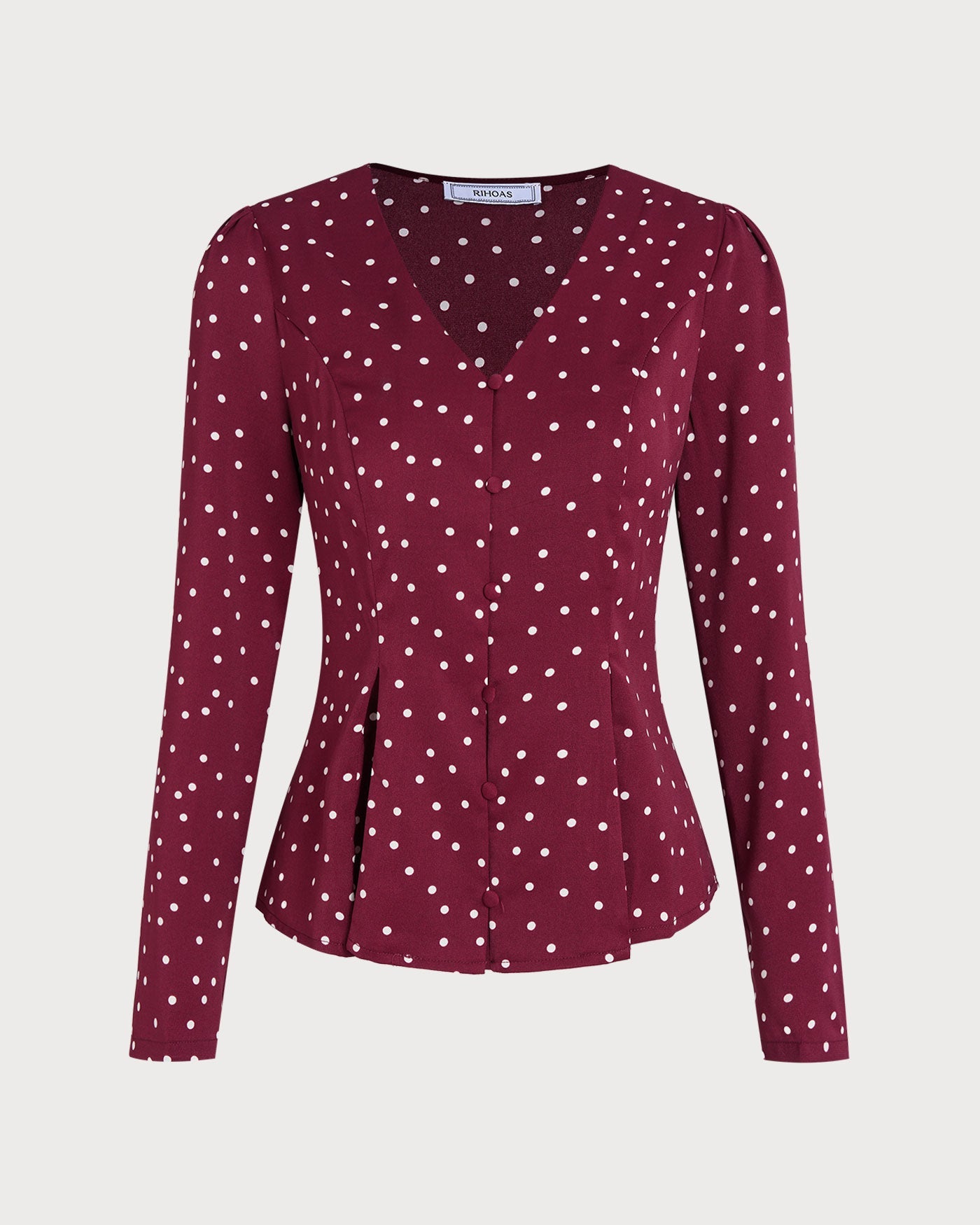 V-Neck Blouse in Wine Red with Polka Dots