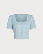 Light Blue Lace-Trimmed Square Neck Button-Up Shirt