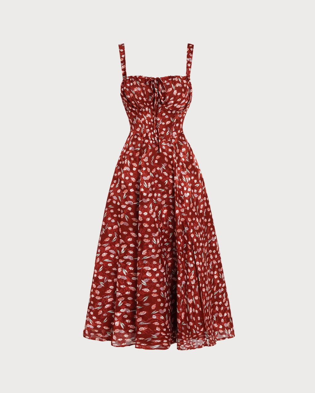 Wine Red Floral Midi Dress with Slip Design