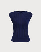 Blue Ribbed Cap Sleeve Knit Tee with Boat Neck