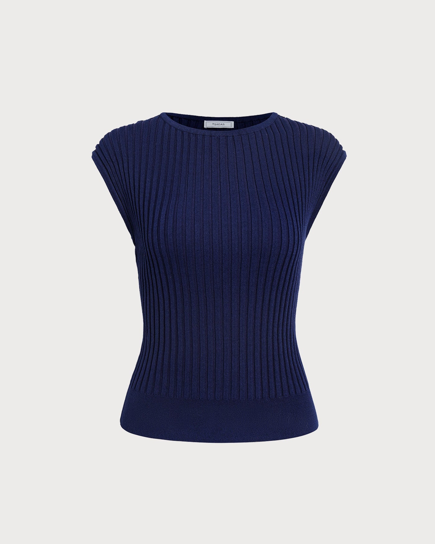 Blue Ribbed Cap Sleeve Knit Tee with Boat Neck