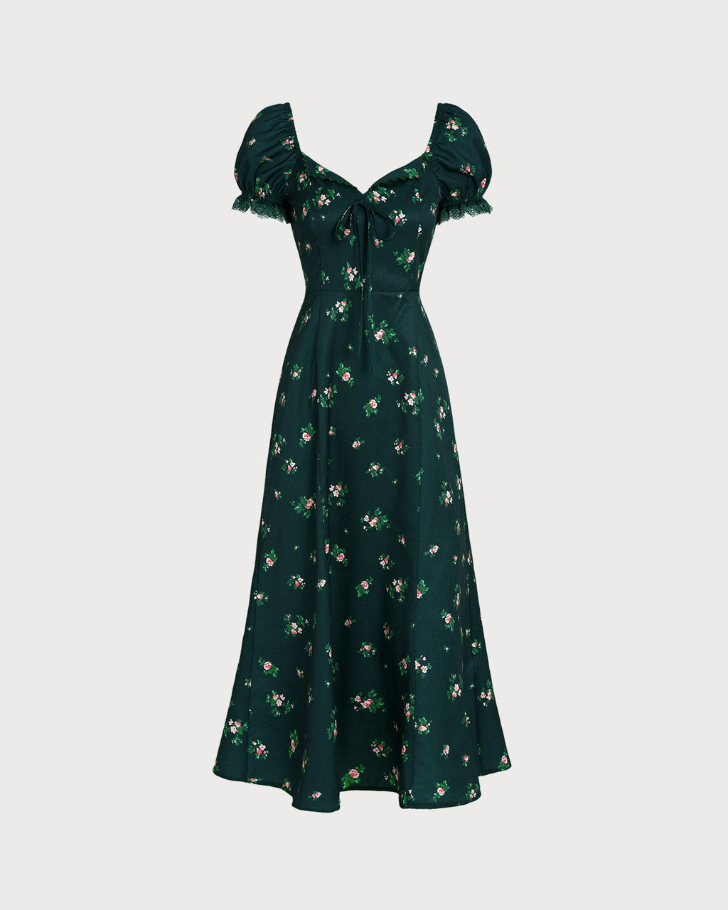 Floral Midi Dress with Green Puffed Sleeves