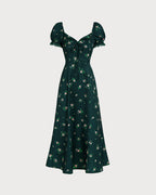 Floral Midi Dress with Green Puffed Sleeves