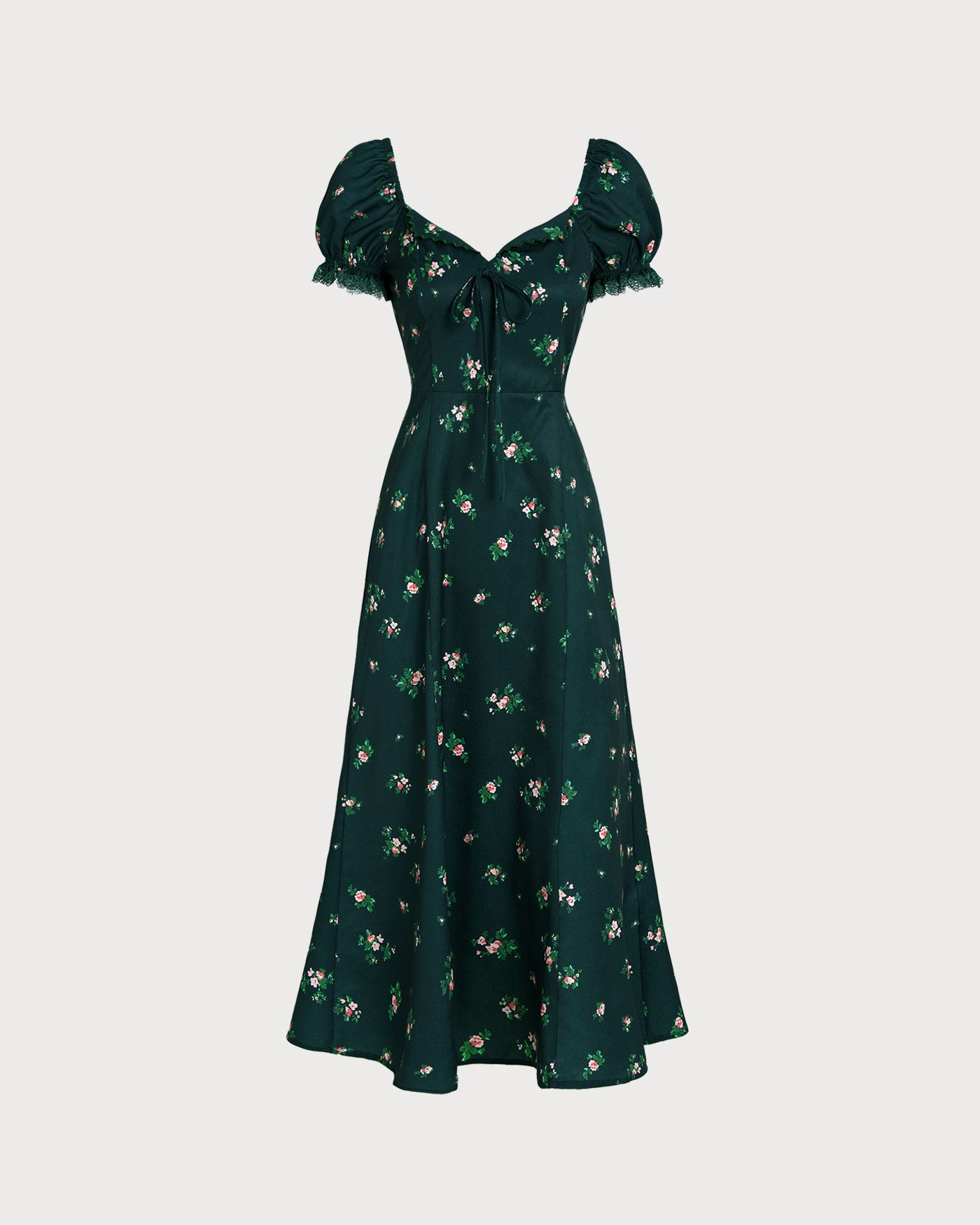 Floral Midi Dress with Green Puffed Sleeves
