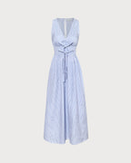 Striped Maxi Dress with Blue V-Neck and Shirred Details