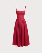 Red Midi Dress with Square Neck and Pocket Details