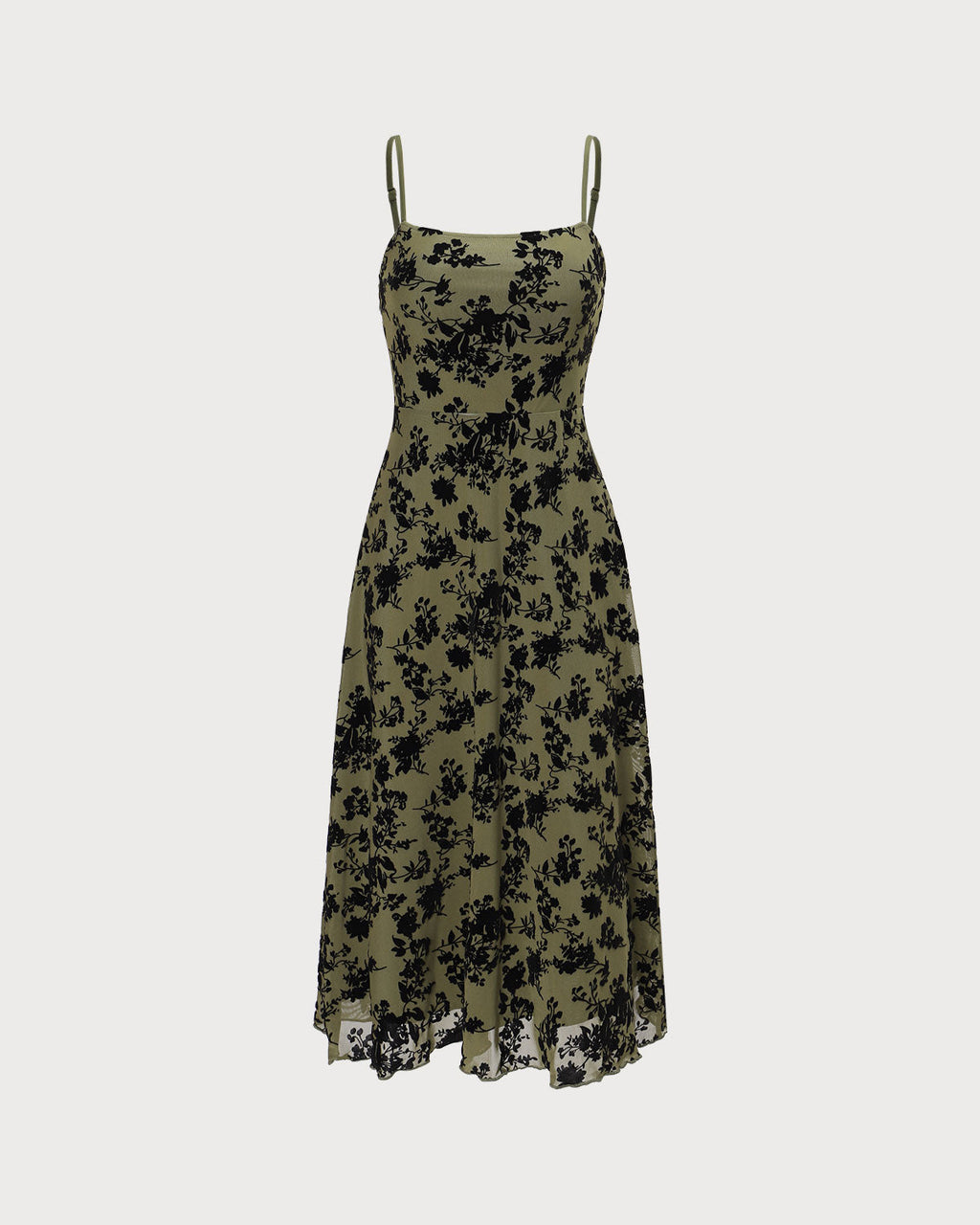 Green Floral A-Line Midi Slip Dress with Burnout Design