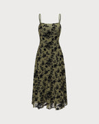 Green Floral A-Line Midi Slip Dress with Burnout Design