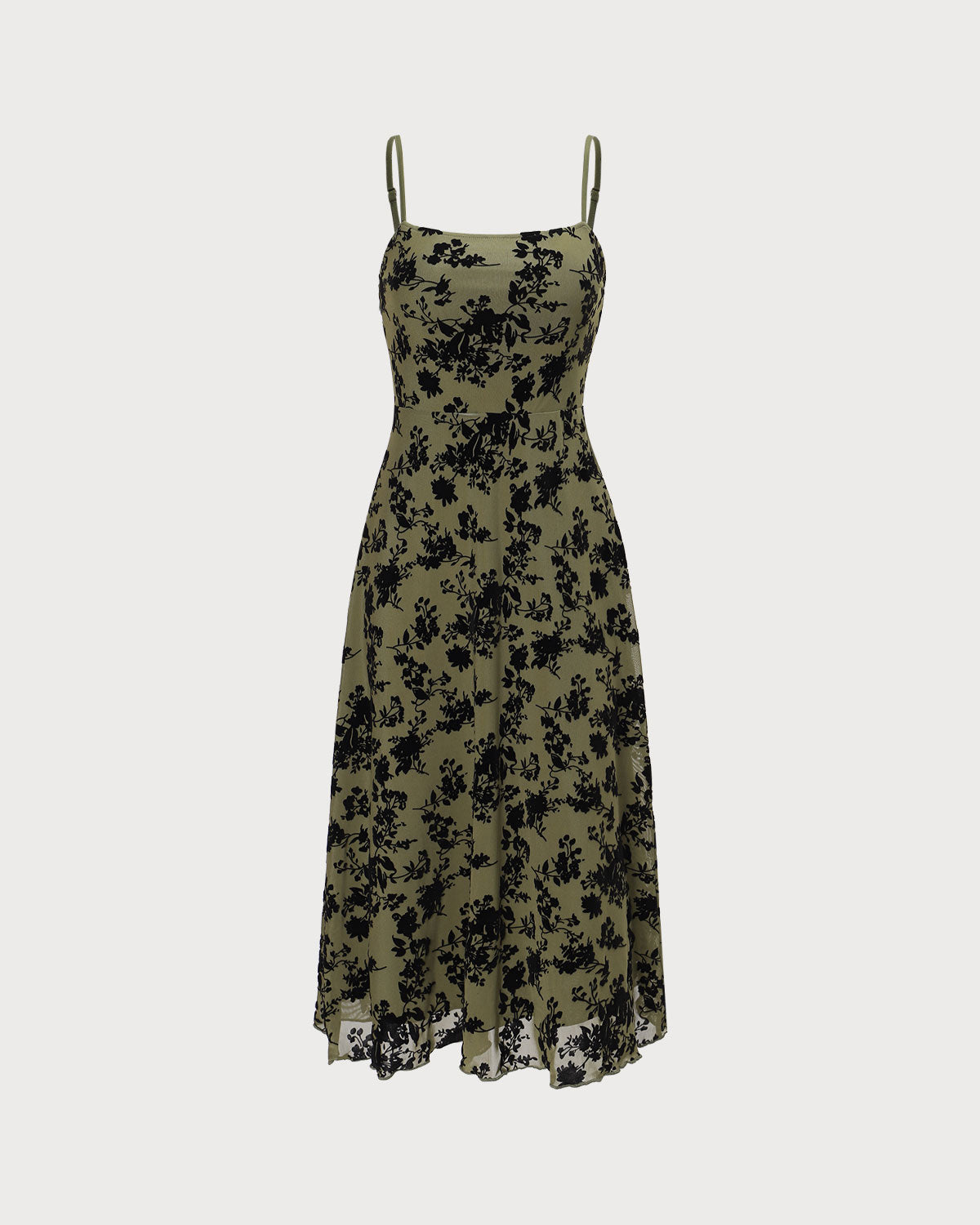 Green Floral A-Line Midi Slip Dress with Burnout Design