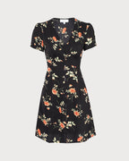 Black Floral V-Neck Button-Up Mini Dress
