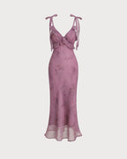 Floral Print Midi Dress with Ruffled Tie Straps in Purple
