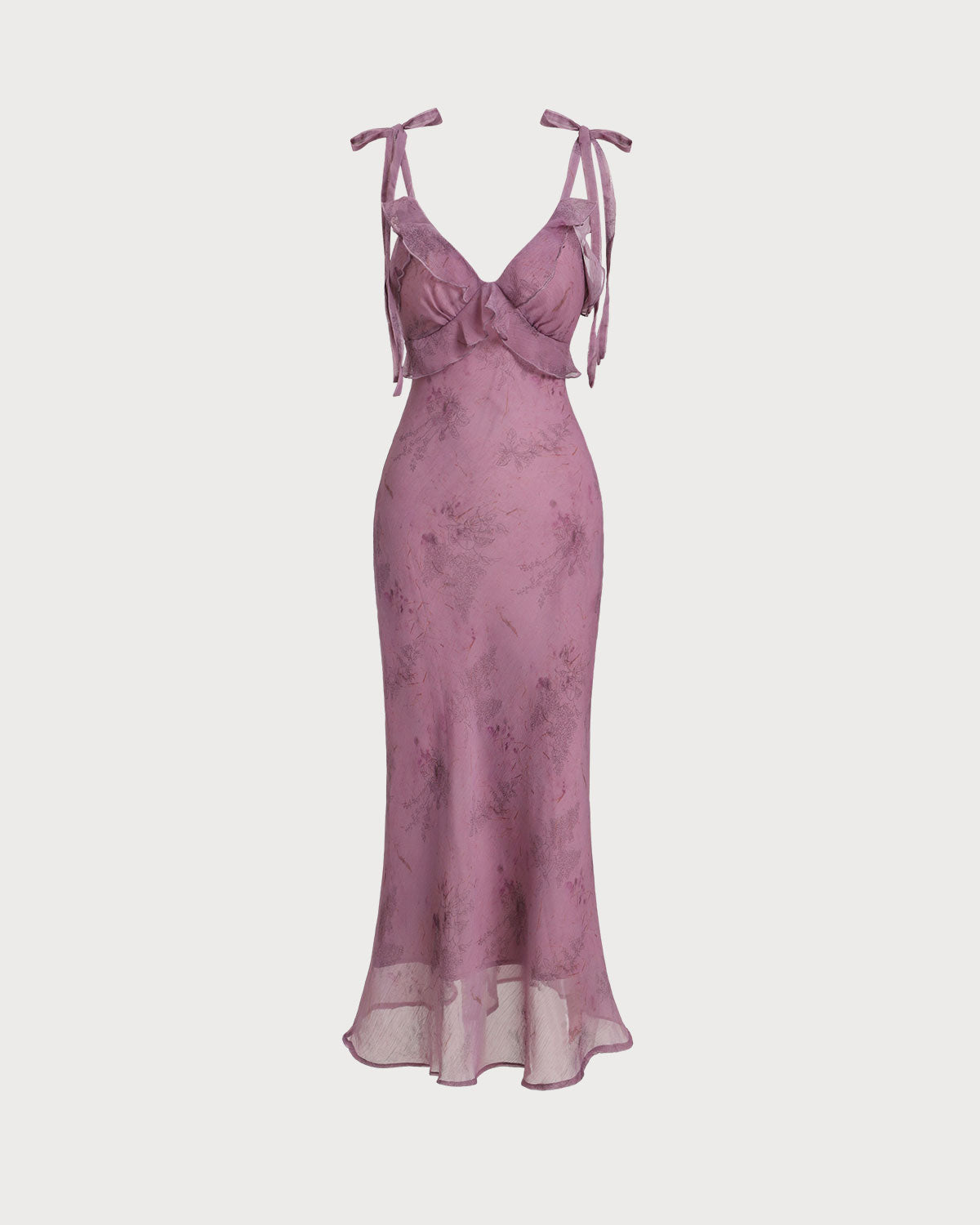 Floral Print Midi Dress with Ruffled Tie Straps in Purple