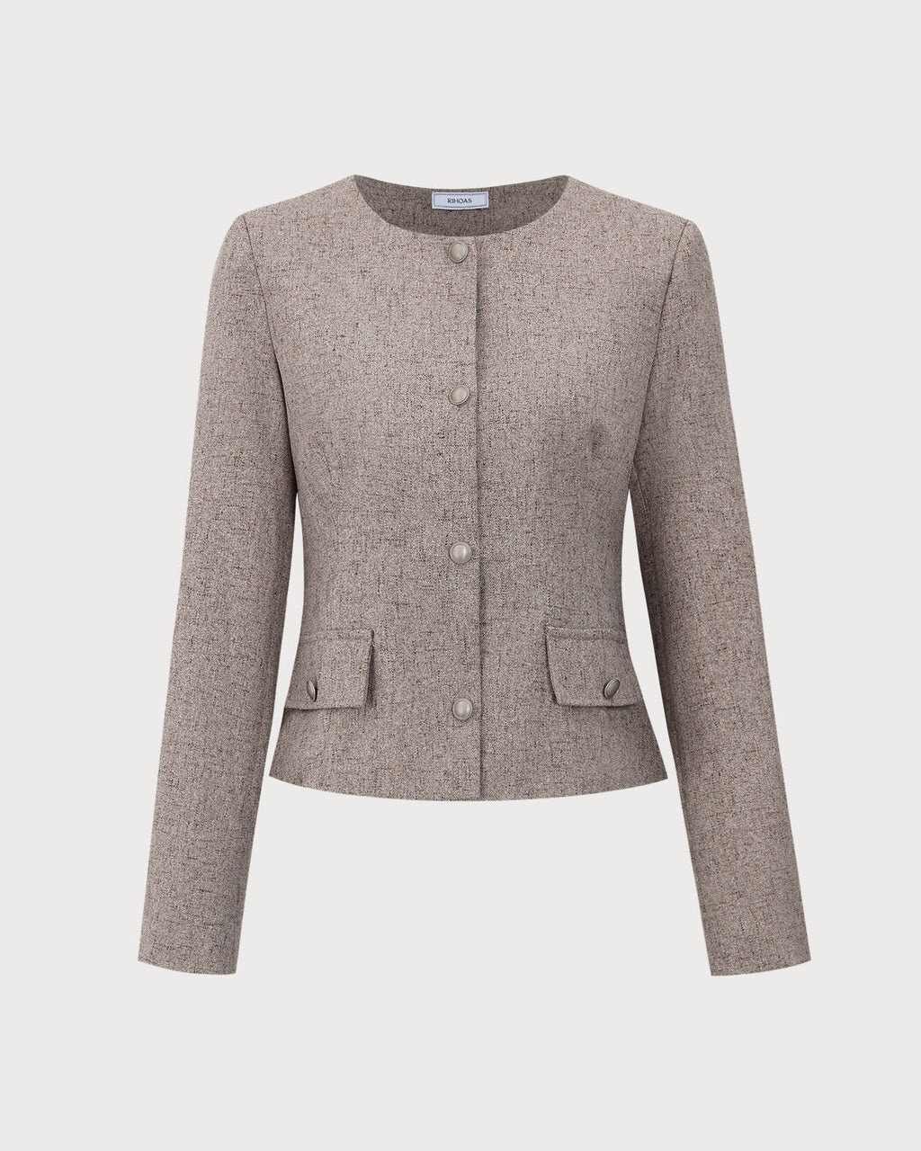 Khaki Single-Breasted Jacket with Round Neck