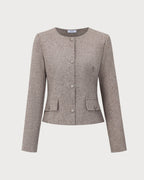 Khaki Single-Breasted Jacket with Round Neck